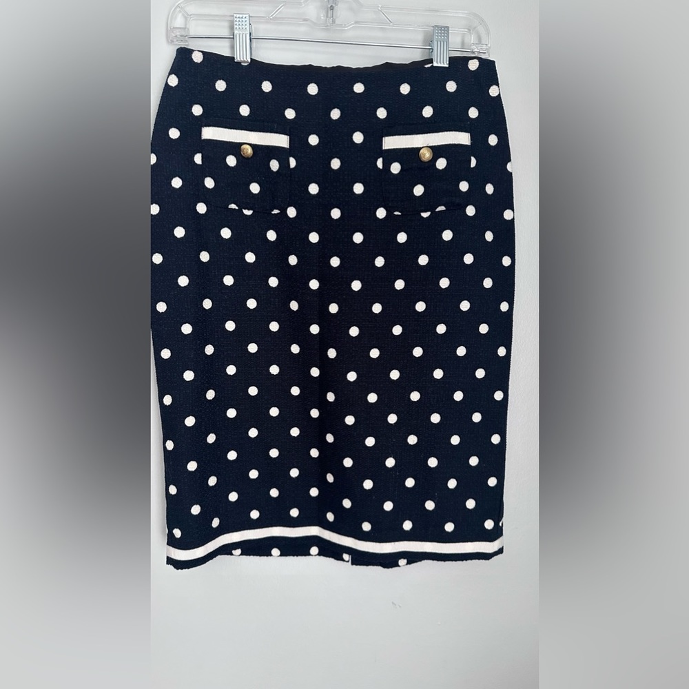 Talbots Textured Cotton Pencil Skirt Polka Dot Navy Blue White lined Size 2